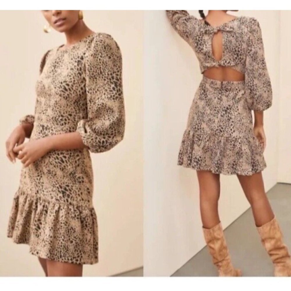 Anthropologie Maeve Leopard Animal Print‎ Bow Cut Out Back Mini Dress Size 2